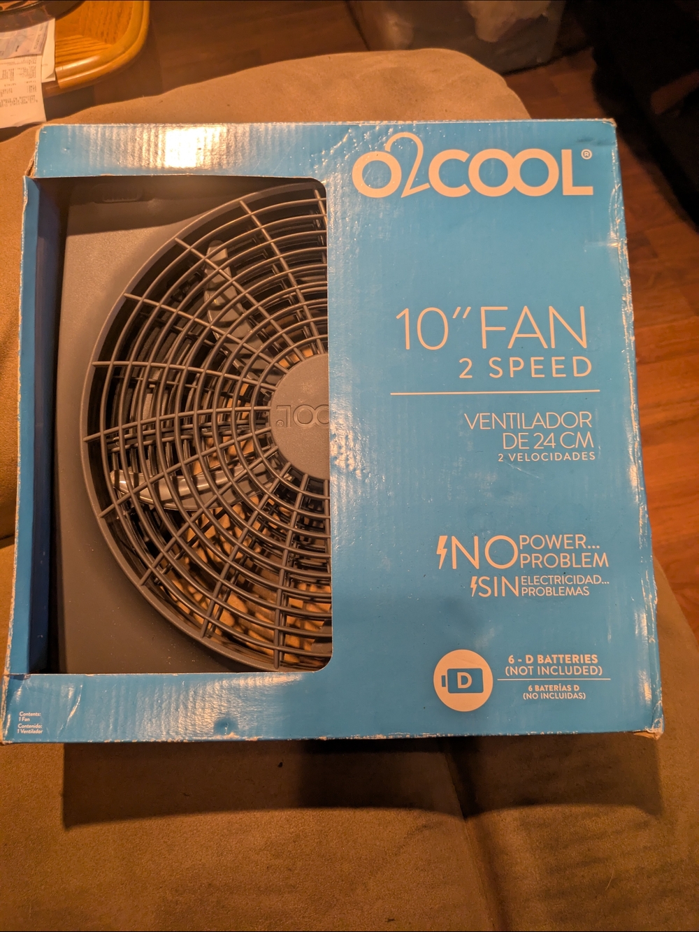 O2COOL 10" 2-Speed Portable Fan in Blue Box